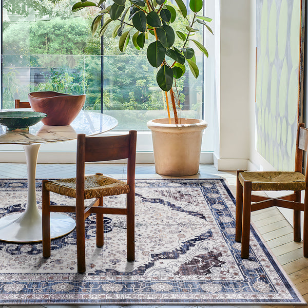 Extra Large Rug Blue Ivory Beautiful Allover Traditional Carpet Machine Washable Mat