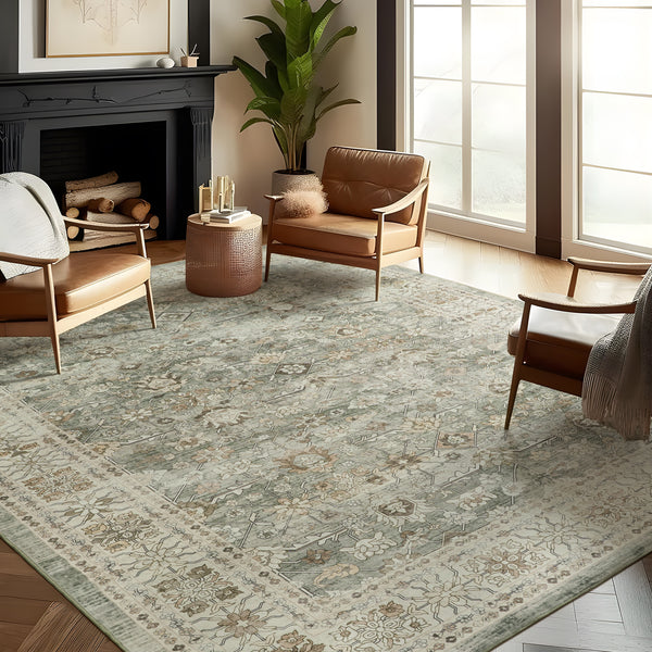 Extra Large Floor Rug Sage Green Distressed Retro Lounges Carpet Machine Washable Rugs