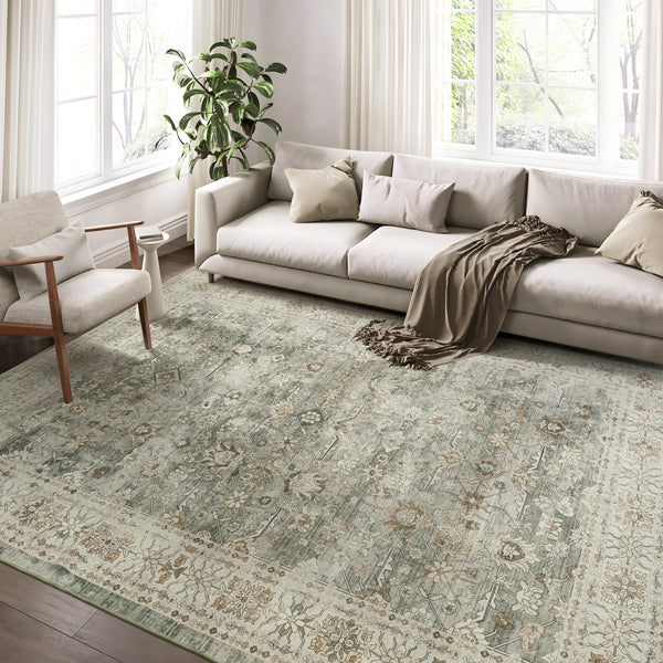 Extra Large Floor Rug Sage Green Distressed Retro Lounges Carpet Machine Washable Rugs