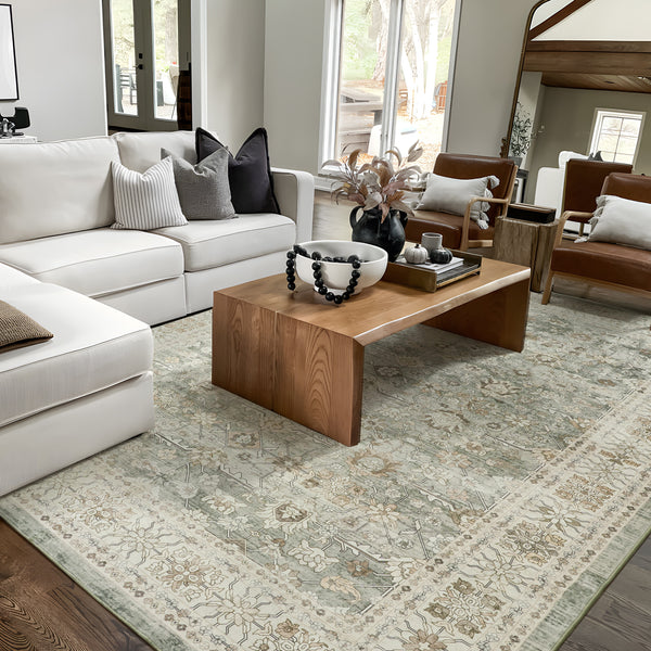 Extra Large Floor Rug Sage Green Distressed Retro Lounges Carpet Machine Washable Rugs