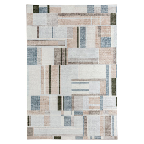 Extra Large Rug Peach Blue Multi Checked Modern Abstract Carpet Machine Washable Rugs