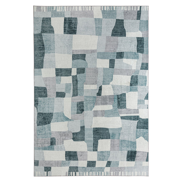 Extra Large Floor Rug Blue Grey Ivory Checked Modern Geometric Carpet Machine Washable Mat