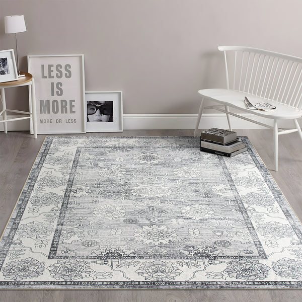 Extra Large Rug Silver Grey Neutral Distressed Lounges Carpet Runner Mat Machine Washable