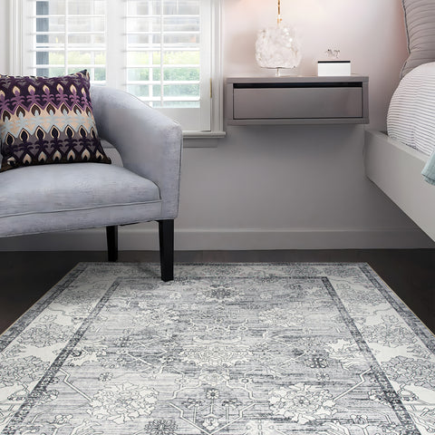 Extra Large Rug Silver Grey Neutral Distressed Lounges Carpet Runner Mat Machine Washable