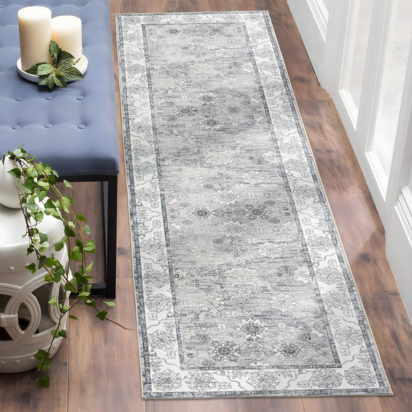 Extra Large Rug Silver Grey Neutral Distressed Lounges Carpet Runner Mat Machine Washable