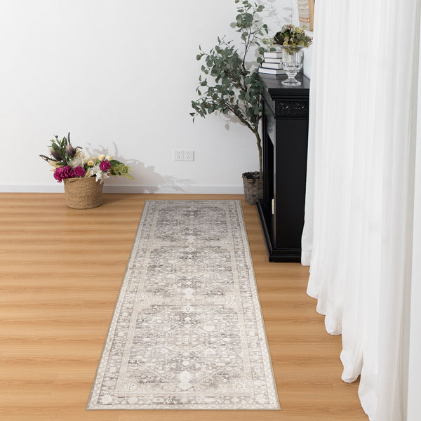 Beige Runner Plush Traditional Carpet Machine Washable Hallway Rugs 80x300cm