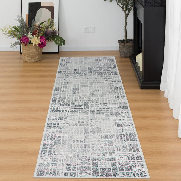 Clearance Offwhite Hallway Runner Soft Plush Corridor Carpet Machine Washable Geometric Mat 80x300cm