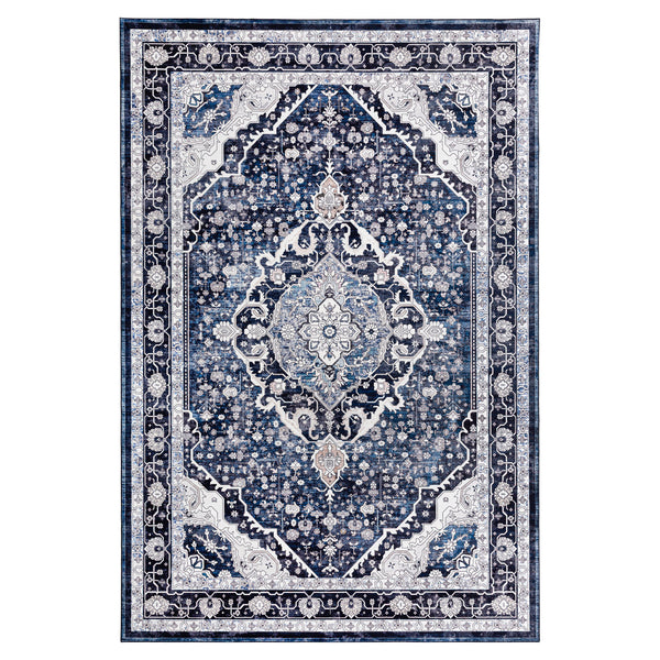 Extra Large Rug Shimmering Navy Blue Blooming Allover Medallion Carpet Machine Washable