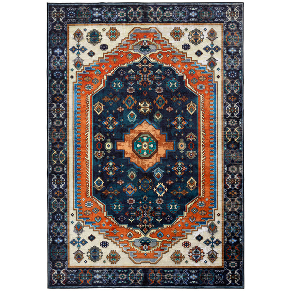 Flash Deal Extra Large Floor Rug Sapphire Blue Orange Beautiful Vintage Plush Carpet Machine Washable