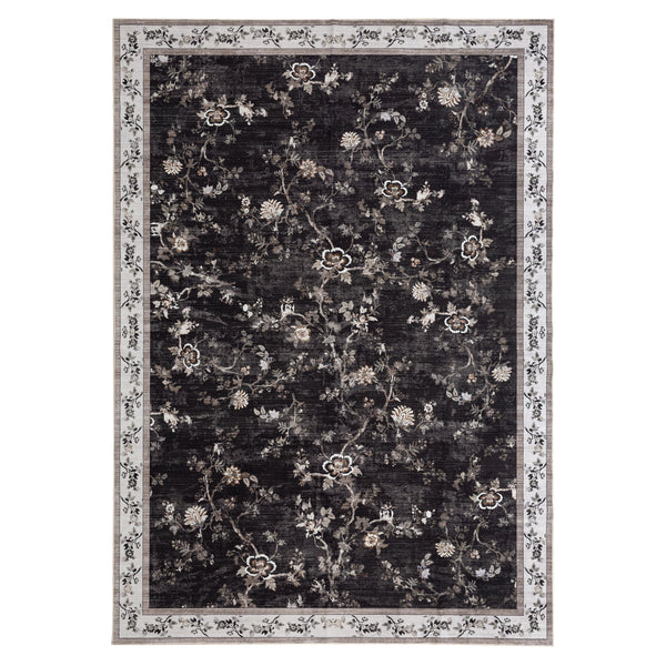 Extra Large Rug Charcoal Black Floral Vines Distressed Carpet Machine Washable Rugs
