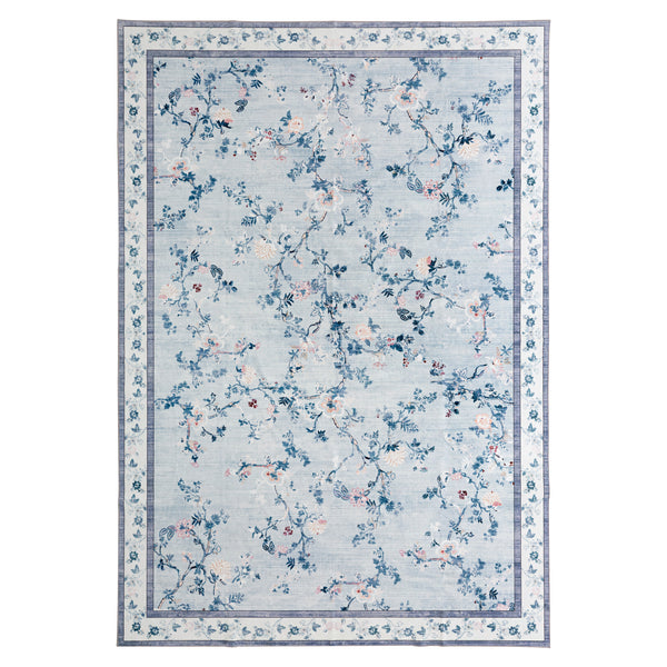 Extra Large Floral Rug Pale Blue Allover Vines Distressed Machine Washable Modern Carpet Non Slip Mat