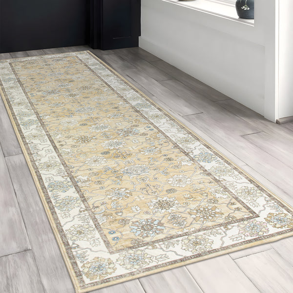 Extra Large Soft Gold Beige Modern Classic Carpet Vintage Hallway Runner Machine Washable