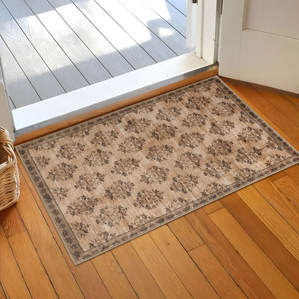 Extra Large Rug Brown Beige Bouquet Allover Neutral Modern Carpet Machine Washable Mat