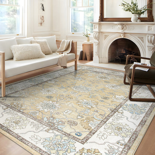 Extra Large Soft Gold Beige Modern Classic Carpet Vintage Hallway Runner Machine Washable