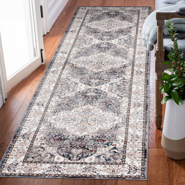 Extra Large Floor Rug Muted Brown Medallion Retro Vintage Carpet Machine Washable Rugs - Rugaustralia