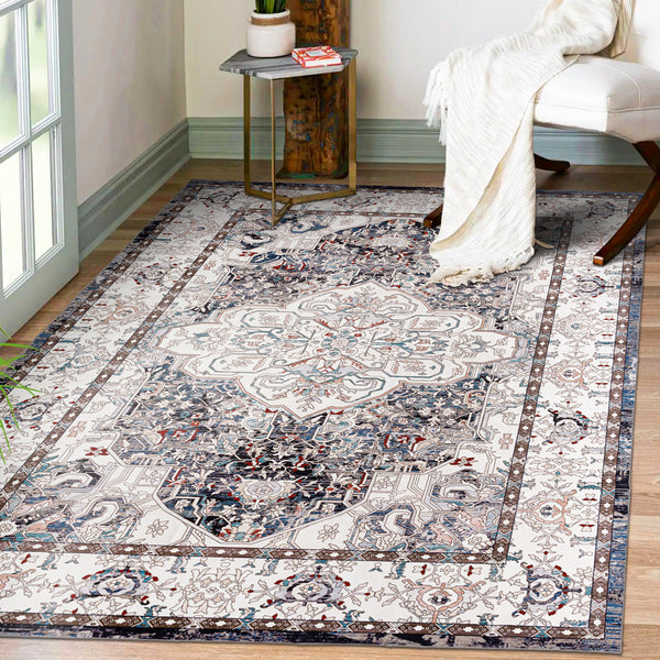 Extra Large Floor Rug Muted Brown Medallion Retro Vintage Carpet Machine Washable Rugs - Rugaustralia