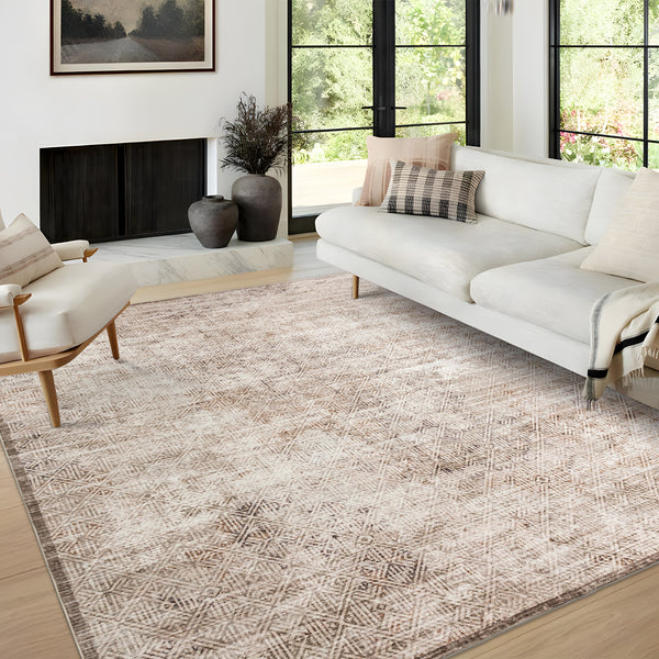 Clearance Extra Large Beige Area Rug Soft Distressed Diamond Modern Carpet Machine Washable Mat - Rugaustralia