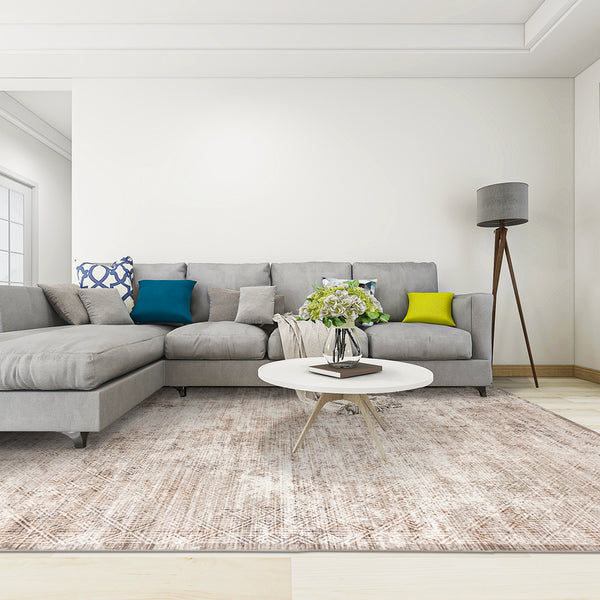 Clearance Extra Large Beige Area Rug Soft Distressed Diamond Modern Carpet Machine Washable Mat - Rugaustralia