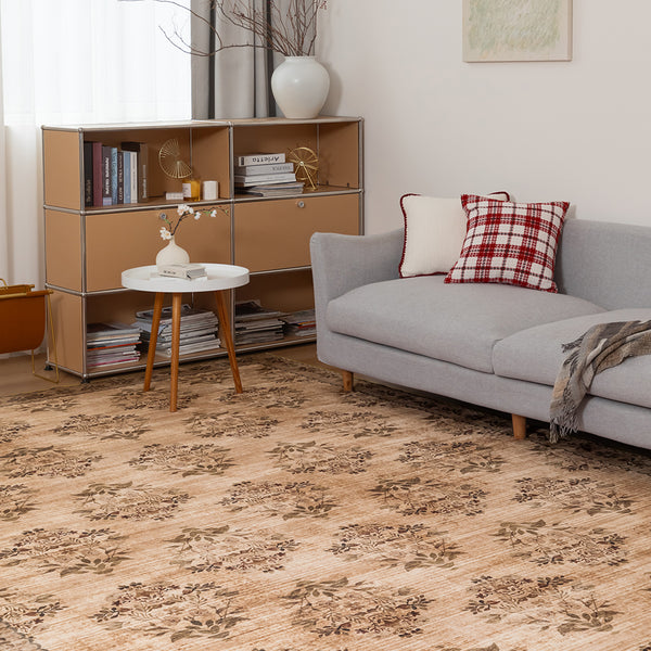 Extra Large Rug Brown Beige Bouquet Allover Neutral Modern Carpet Machine Washable Mat