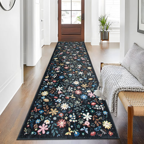 Black Botanical Rug Beautiful Hallway Runner Non Slip Entry Way Carpet 80x300cm