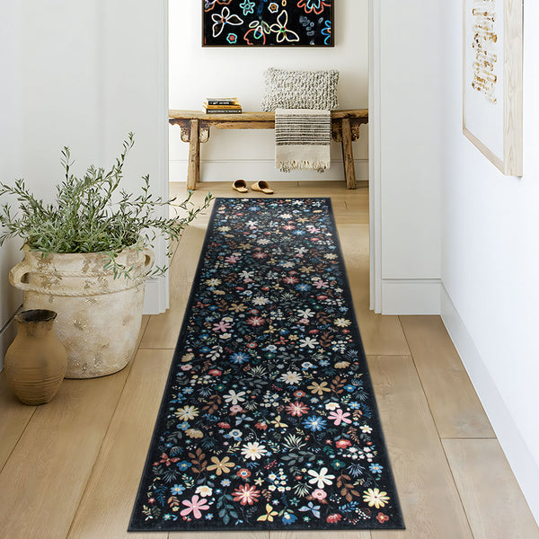 Extra Large Rug Black Multi Flower Soft Botanical Carpet Machine Washable Runner Mat