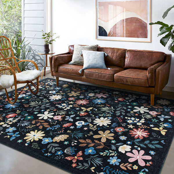 Extra Large Rug Black Multi Flower Soft Botanical Carpet Machine Washable Runner Mat