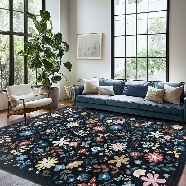 Extra Large Rug Black Multi Flower Soft Botanical Carpet Machine Washable Runner Mat