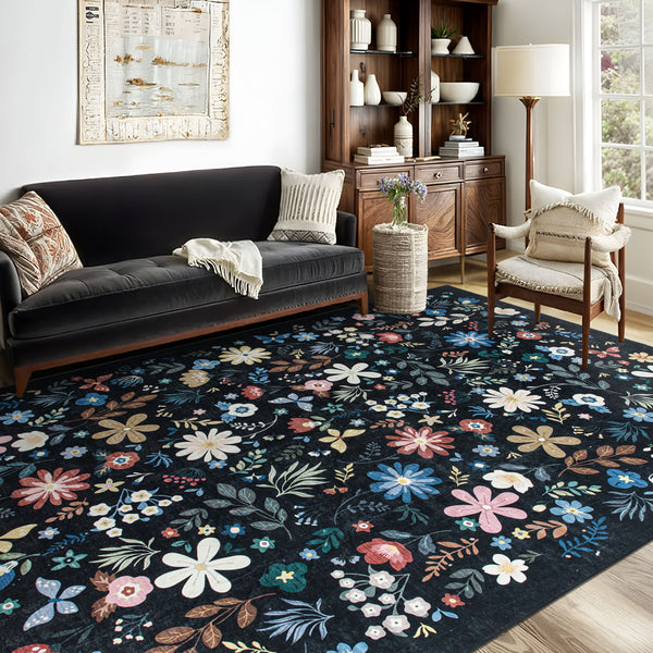 Extra Large Rug Black Multi Flower Soft Botanical Carpet Machine Washable Runner Mat