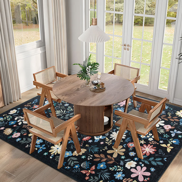 Extra Large Rug Black Multi Flower Soft Botanical Carpet Machine Washable Runner Mat