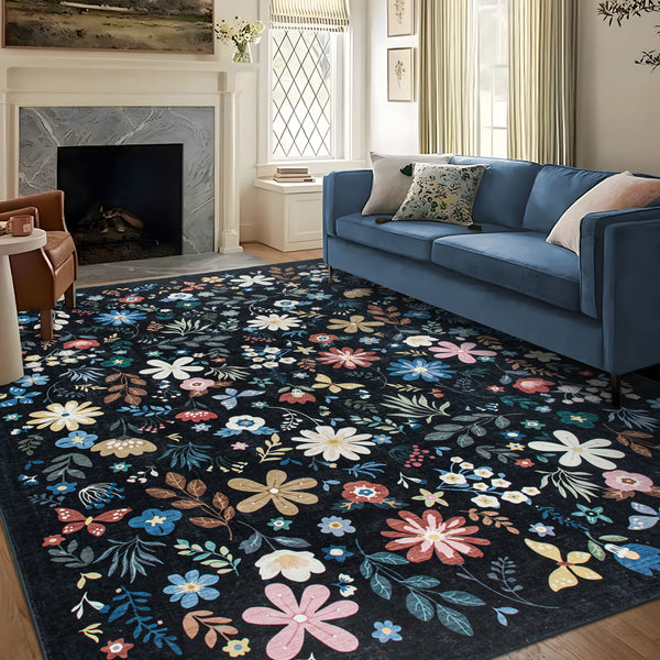 Extra Large Rug Black Multi Flower Soft Botanical Carpet Machine Washable Runner Mat