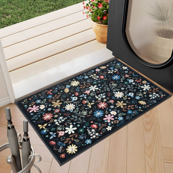 Extra Large Rug Black Multi Flower Soft Botanical Carpet Machine Washable Runner Mat