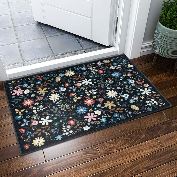 Extra Large Rug Black Multi Flower Soft Botanical Carpet Machine Washable Runner Mat