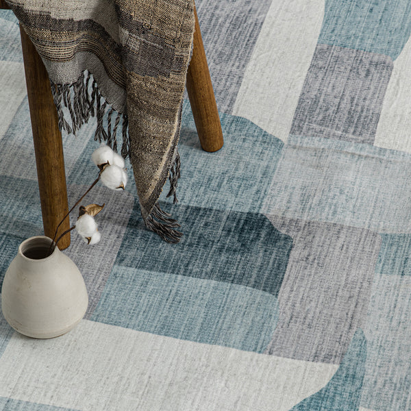 Hallway Runner Rug Blue Grey Ivory Checked Modern Geometric Carpet Rugs 80x300cm