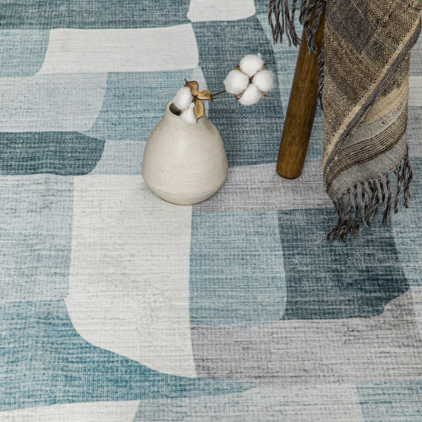 Hallway Runner Rug Blue Grey Ivory Checked Modern Geometric Carpet Rugs 80x300cm