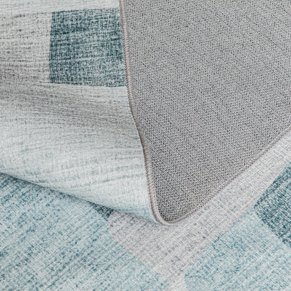 Hallway Runner Rug Blue Grey Ivory Checked Modern Geometric Carpet Rugs 80x300cm