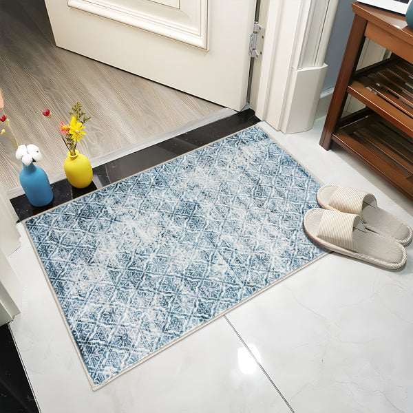 Clearance Extra Large Blue Rug Soft Distressed Diamond Modern Lounges Carpet Non Slip Machine Washable Mat - Rugaustralia