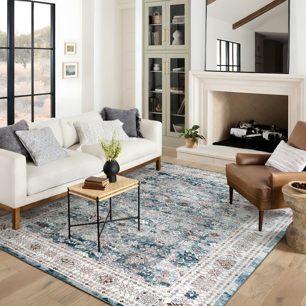 Extra Large Floor Rug Blue Soft Plush Distressed Vintage Retro Carpet Machine Washable Rugs
