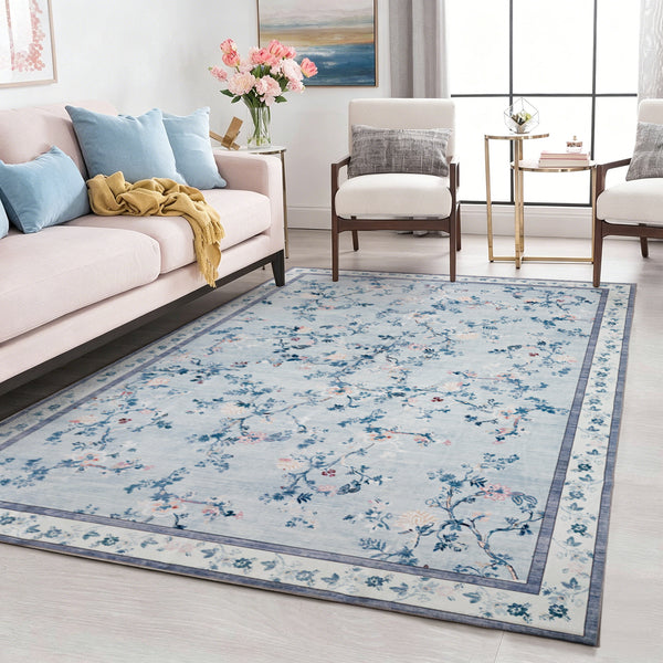 Extra Large Floral Rug Pale Blue Allover Vines Distressed Machine Washable Modern Carpet Non Slip Mat