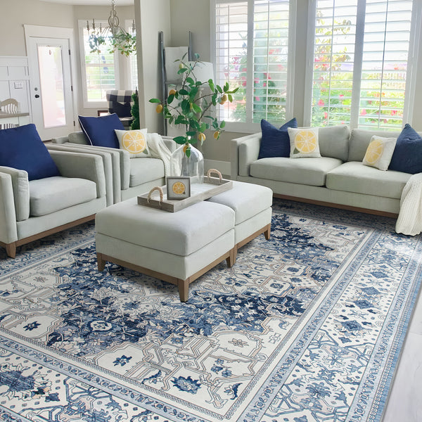Extra Large Floor Rug Coastal Theme Charming Blue Soft Plush Non Slip Traditional Retro Lounges Machine Washable Mat