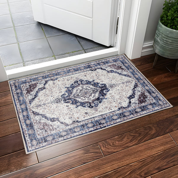 Extra Large Rug Blue Ivory Beautiful Allover Traditional Carpet Machine Washable Mat
