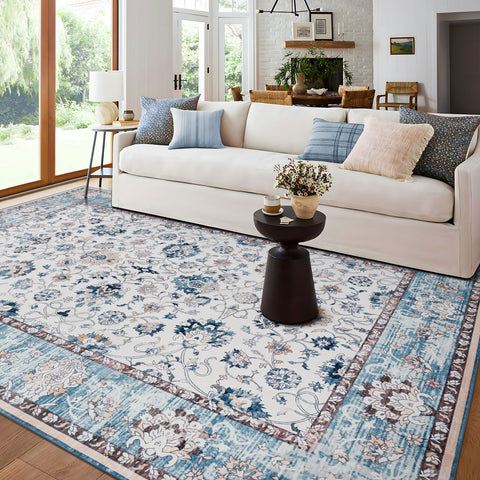 Extra Large Baby Blue Area Rug Soft Plush Allover Traditional Carpet Machine Washable