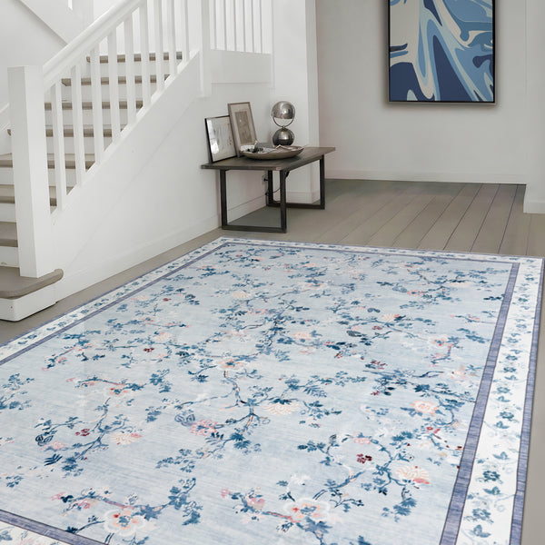 Extra Large Floral Rug Pale Blue Allover Vines Distressed Machine Washable Modern Carpet Non Slip Mat