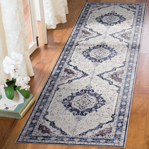 Blue Ivory Hallway Runner Allover Retro Corridor Carpet Easy to Clean Mat 80x300cm
