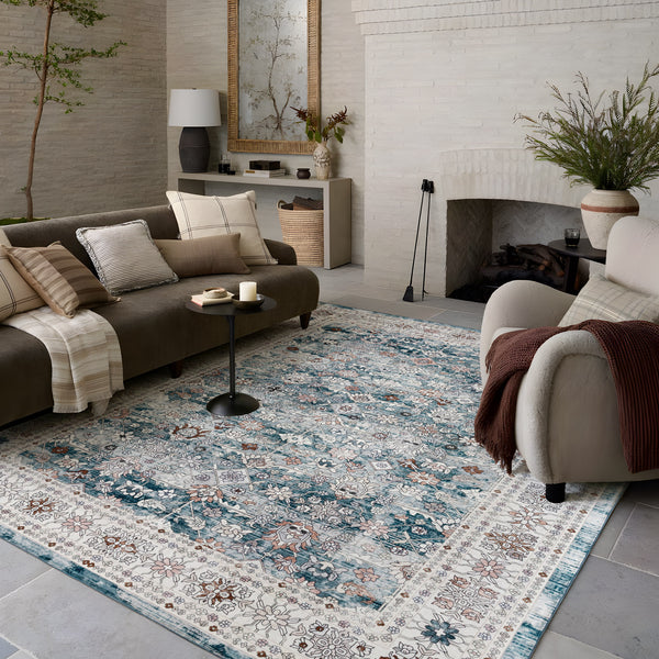 Extra Large Floor Rug Blue Soft Plush Distressed Vintage Retro Carpet Machine Washable Rugs