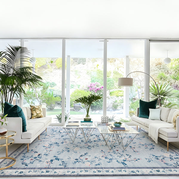 Extra Large Floral Rug Pale Blue Allover Vines Distressed Machine Washable Modern Carpet Non Slip Mat