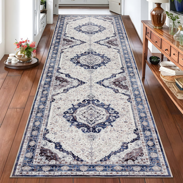 Blue Ivory Hallway Runner Allover Retro Corridor Carpet Easy to Clean Mat 80x300cm
