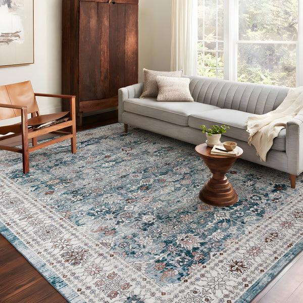 Extra Large Floor Rug Blue Soft Plush Distressed Vintage Retro Carpet Machine Washable Rugs