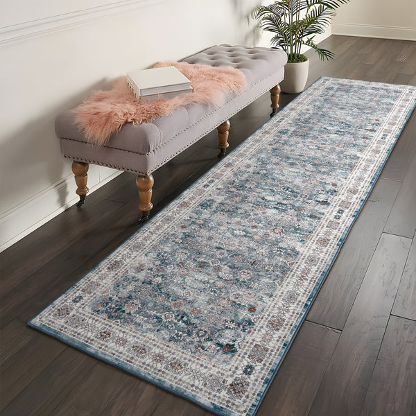 Extra Large Floor Rug Blue Soft Plush Distressed Vintage Retro Carpet Machine Washable Rugs