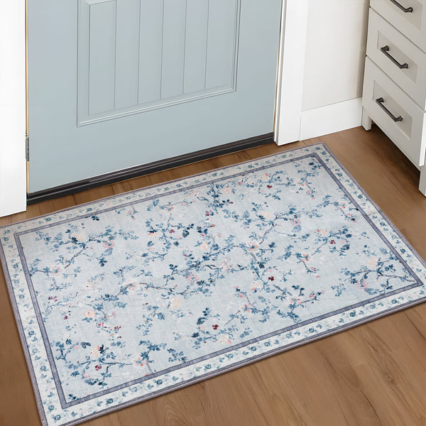 Extra Large Floral Rug Pale Blue Allover Vines Distressed Machine Washable Modern Carpet Non Slip Mat