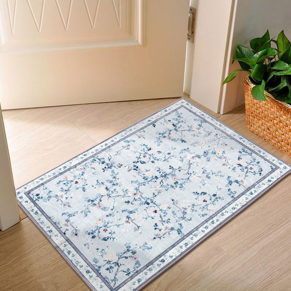 Extra Large Floral Rug Pale Blue Allover Vines Distressed Machine Washable Modern Carpet Non Slip Mat